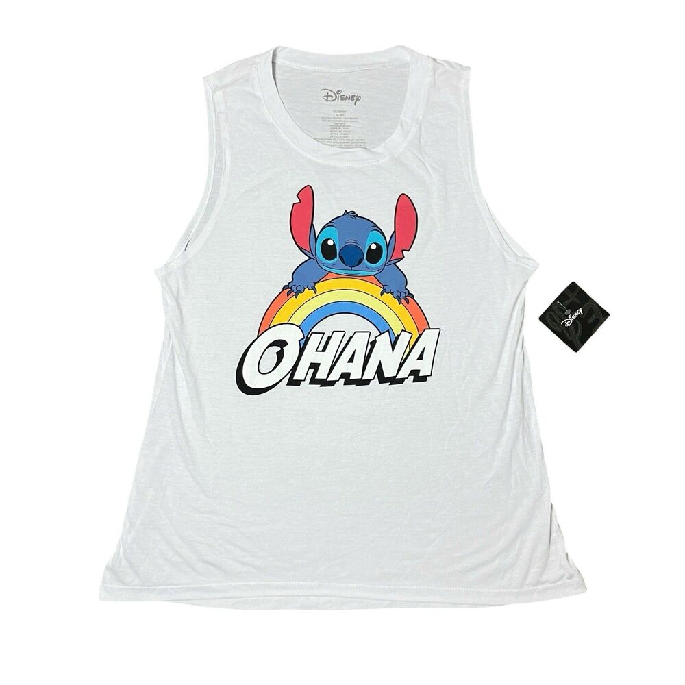 Disney White Stitch Ohana Rainbow Tank Top Summer Graphic Womens XL Y2K